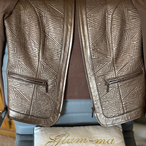 Peter Nygard Bronze Leather & Knit Zip Front Jacket w/ Zipper Pockets - Picture 6 of 11
